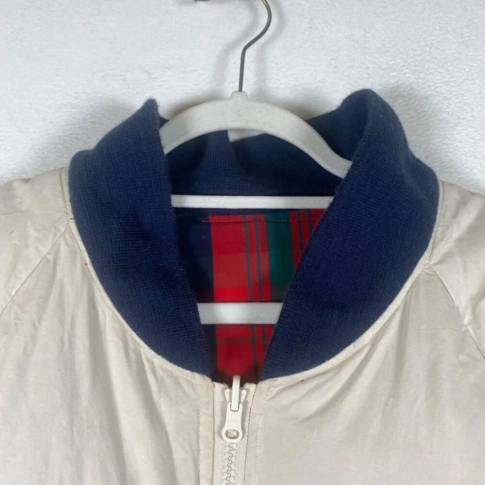 Vintage Excalibur Down Filled Reversible Bomber Jacket Ivory Plaid 80s 90s